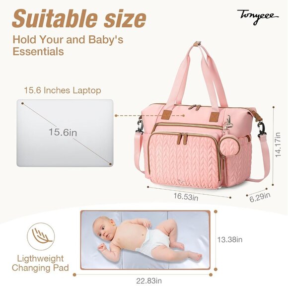 Stylish Pink Diaper Tote for Moms & Dads - Waterproof with Pacifier Case - Picture 4 of 7